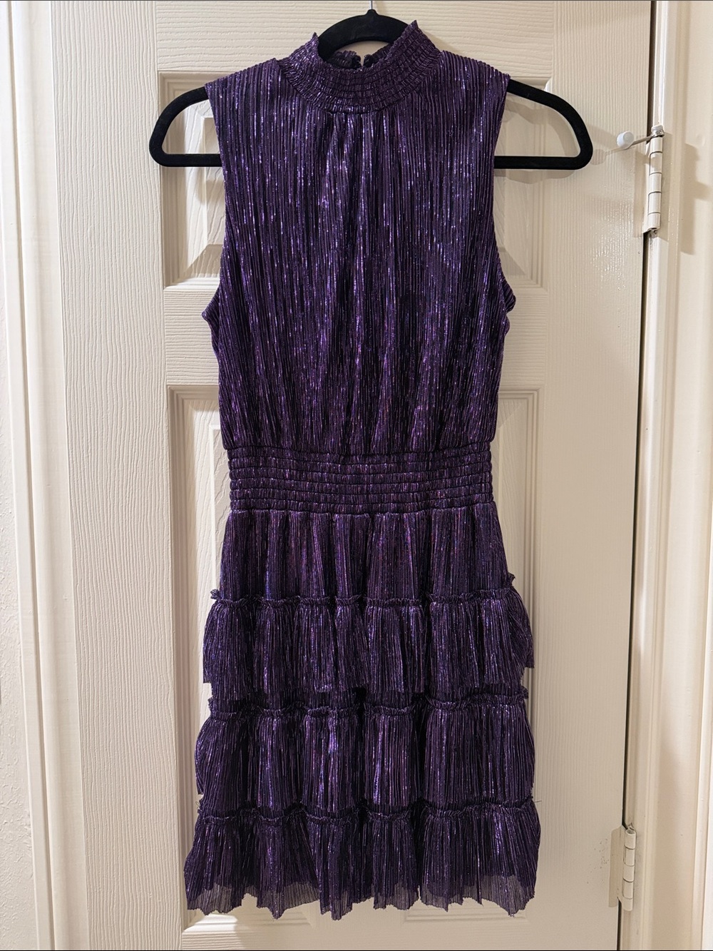 1. State Metallic Purple Smocked Waist Tiered Mini Dress